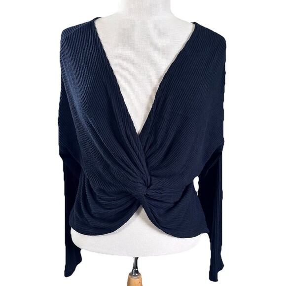 Candies Ribbed Black Twist Front Long Sleeve Crop Top Sweater Large - Picture 1 of 9